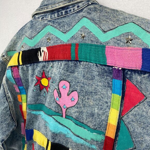 JD DESIGNWORKS Jacket Mens L Painted Applique Denim Trucker Button Up Blue VTG - Picture 6 of 16